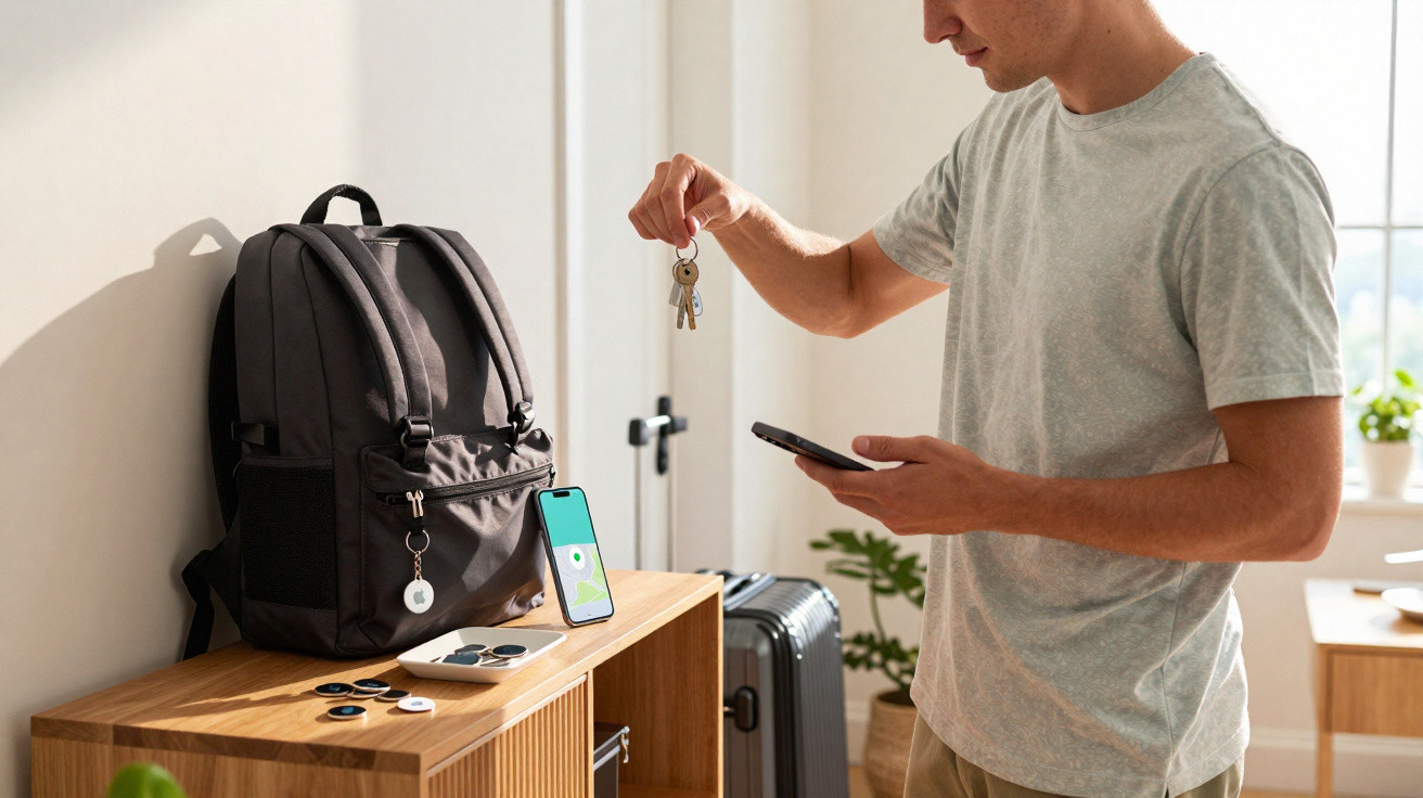Man using phone to locate lost keys with a tracker attached to a black backpack on a wooden cabinet.