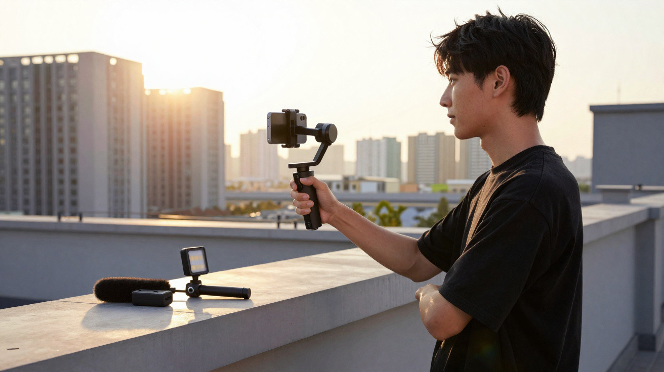 Young man filming with smartphone on stabiliser at city rooftop during sunset with recording gear on ledge.