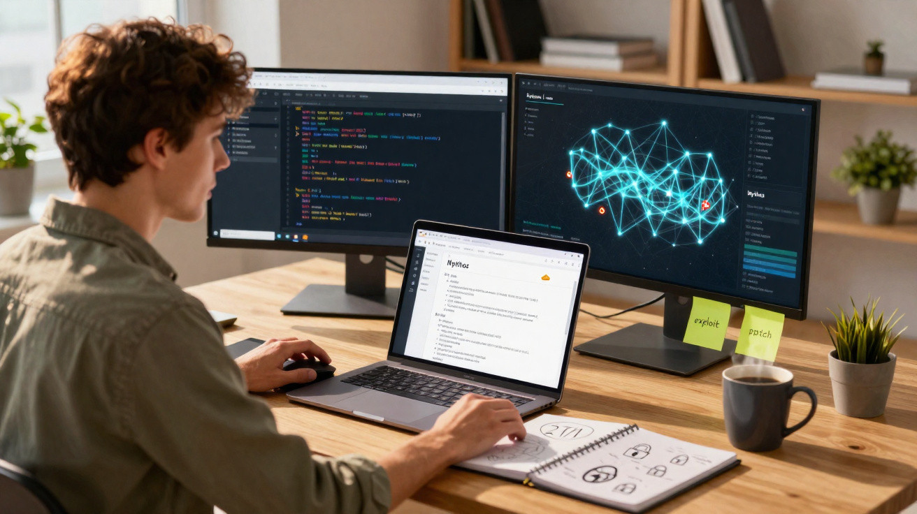 Person working on coding and cyber security on a laptop and two monitors at a wooden desk with notes and plants.