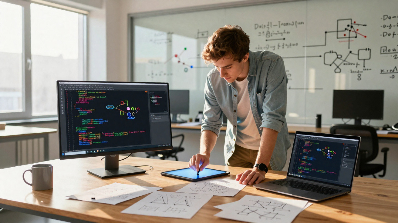 Young man working on coding and using a tablet amid sketches and screens in a bright modern office.
