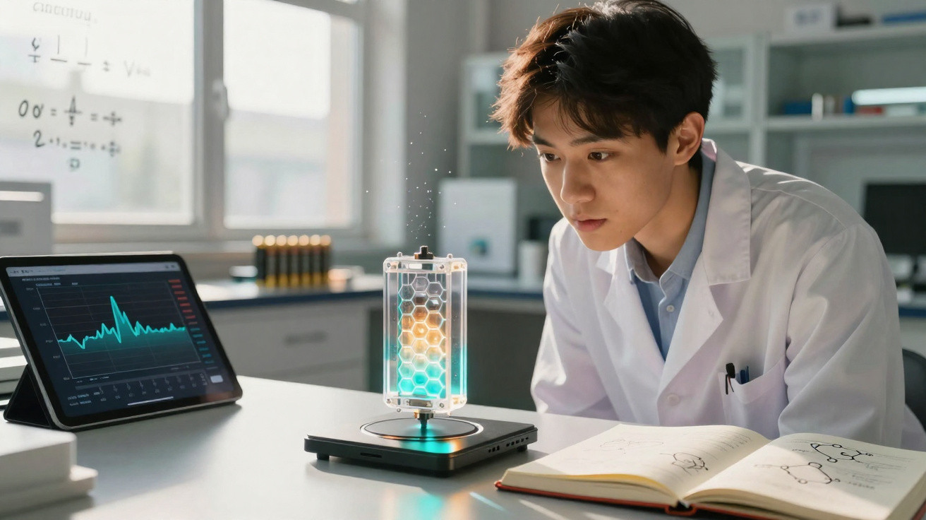 Scientist in white coat examining a glowing hexagonal molecular model in a laboratory with a tablet and open notebook.
