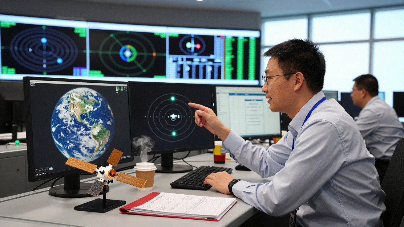 Scientist analysing Earth and satellite data on multiple monitors in a control room environment.
