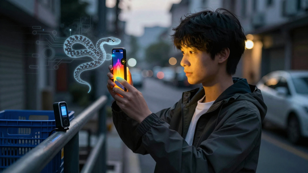 Young man holding smartphone with glowing screen and digital snake illustration in urban street at dusk.