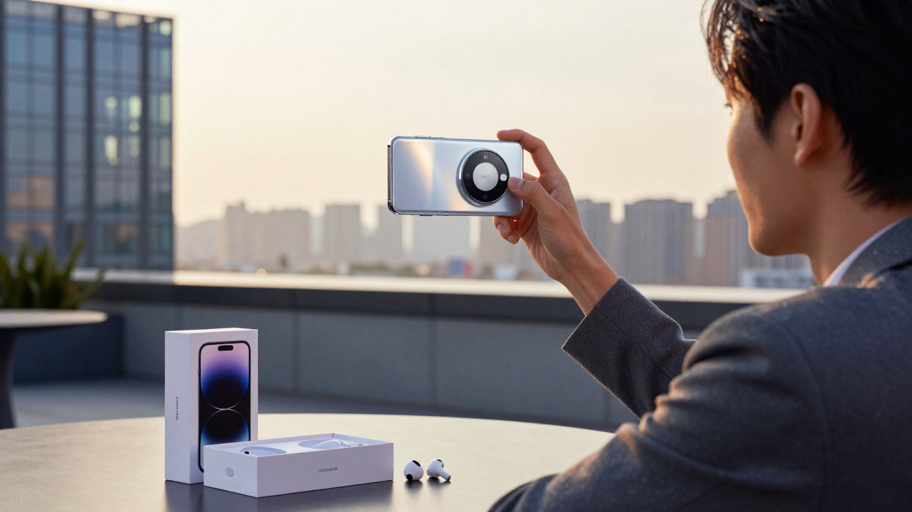 Person in a suit holding a smartphone with a large camera module, with phone box and earbuds on table outdoors.