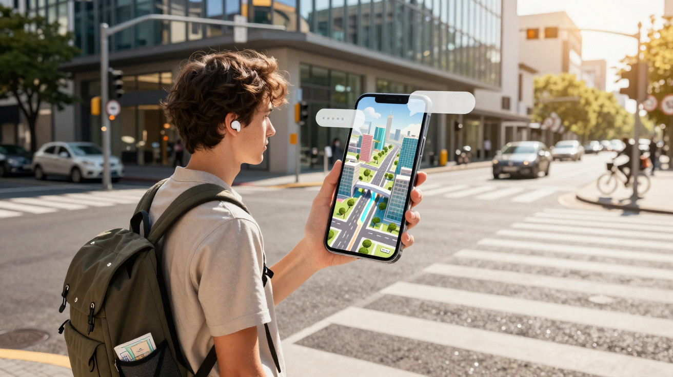 Young man wearing backpack using a phone with map app while standing at a city pedestrian crossing.