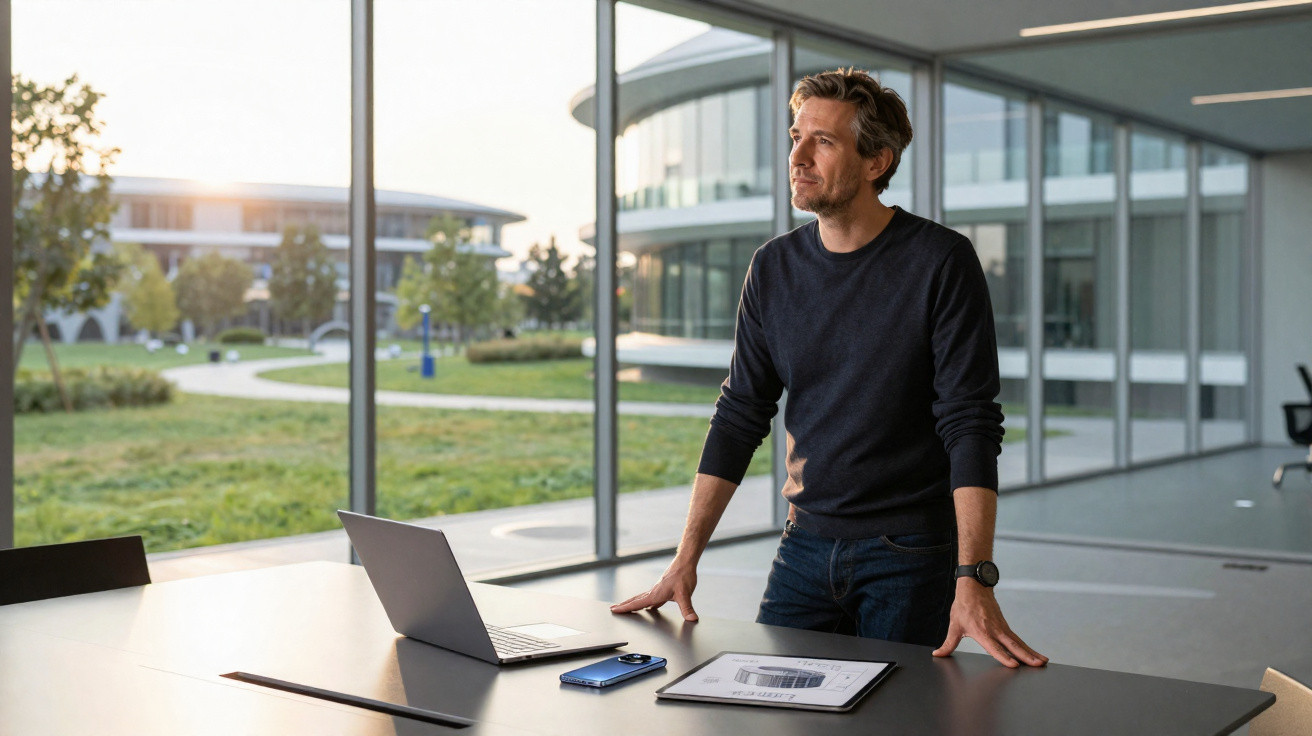 Man in casual clothes standing at a table with a laptop and documents in a modern office with large windows.