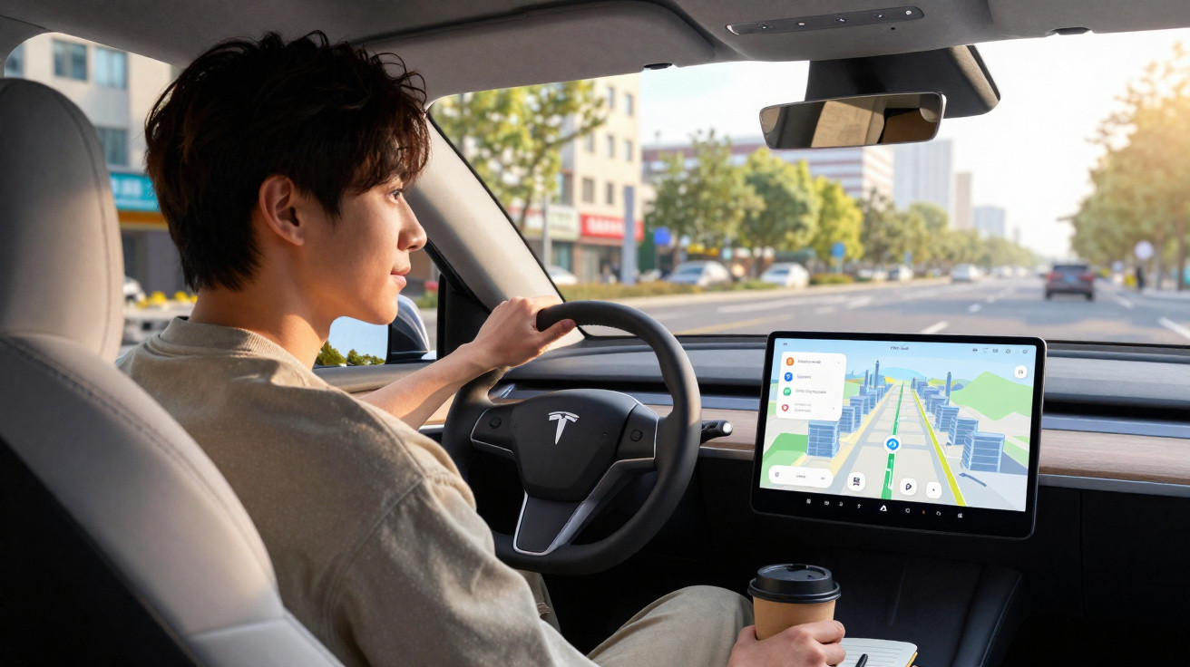 Person holding a cup and driving a Tesla with navigation displayed on the central touchscreen.