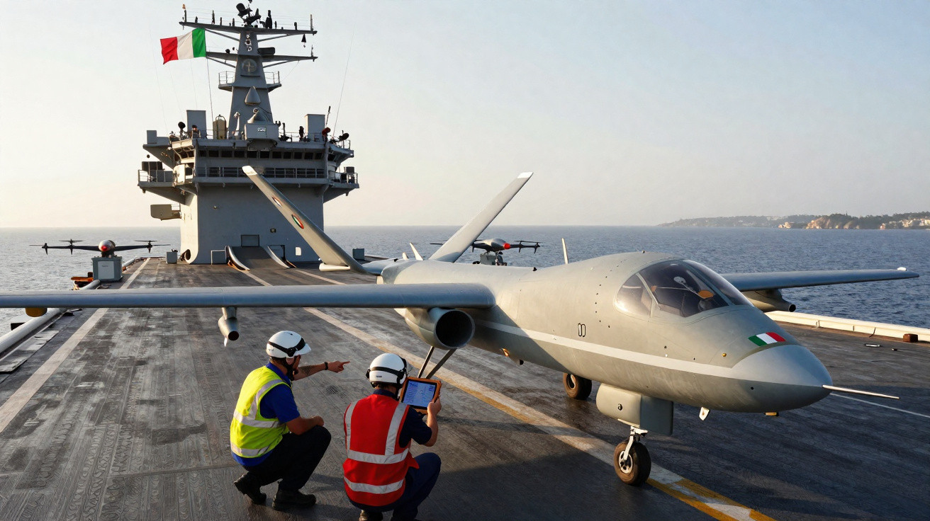Two personnel inspect a drone aircraft on the deck of an Italian navy ship at sea.