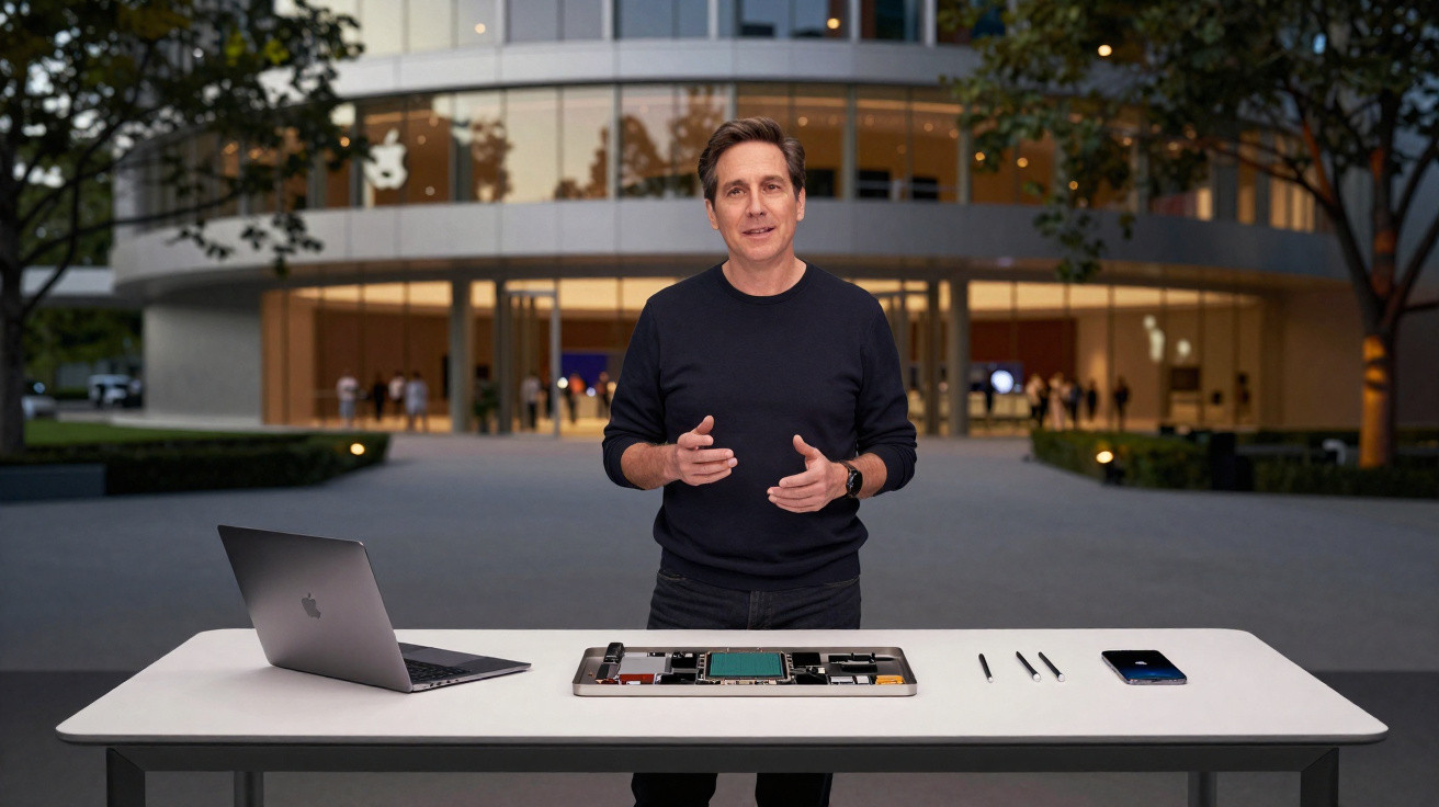 Man presenting with a laptop, smartphone components, and tools on a table outside a modern building at dusk.