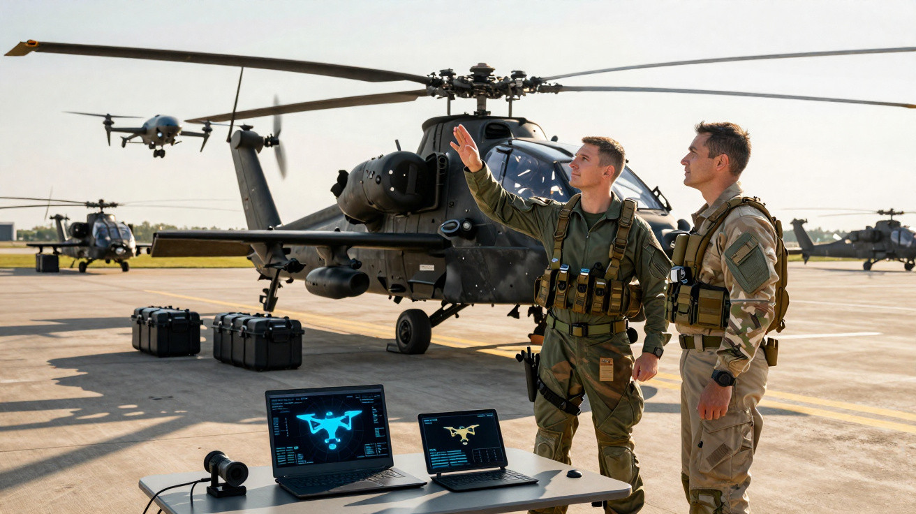 Two military personnel stand by a helicopter on a runway with drones, laptops showing drone data nearby.