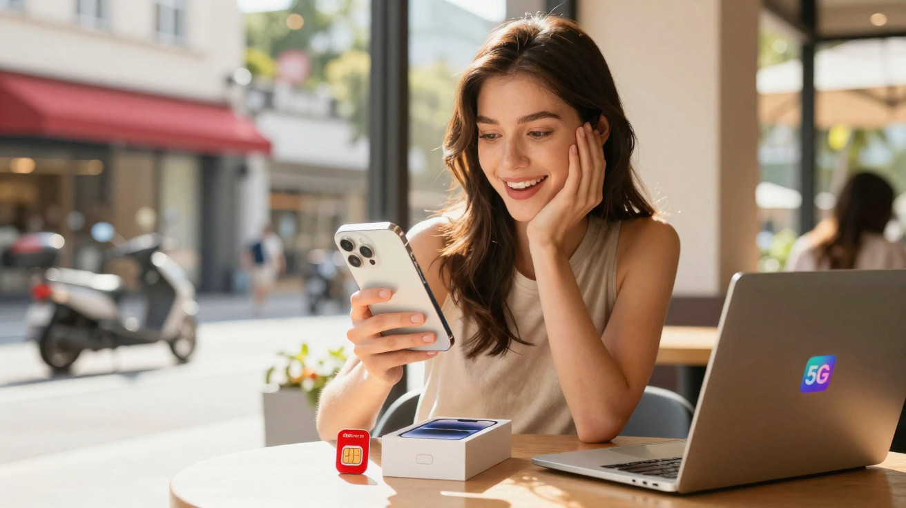 Smiling woman sitting at table with laptop, holding smartphone, with 5G SIM card and box on table in cafe.