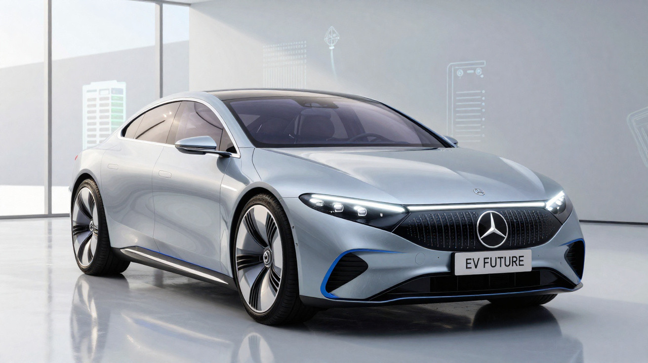 Silver Mercedes-Benz electric car with sleek design and "EV FUTURE" license plate in modern showroom.