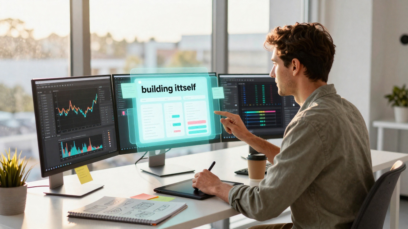 Man working at a desk with three monitors displaying data and a holographic interface reading "building itself"
