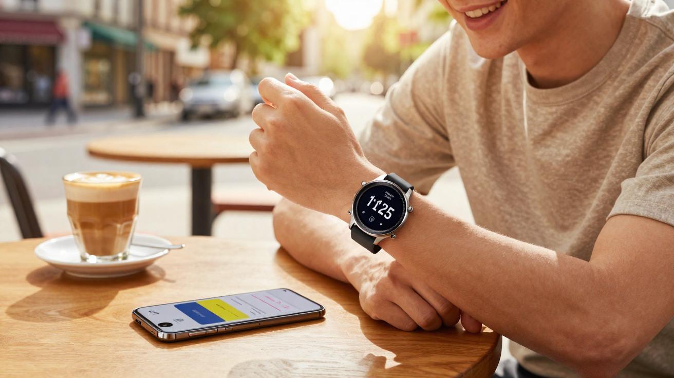 Person smiling and checking time on a smartwatch at an outdoor café table with a smartphone and coffee.