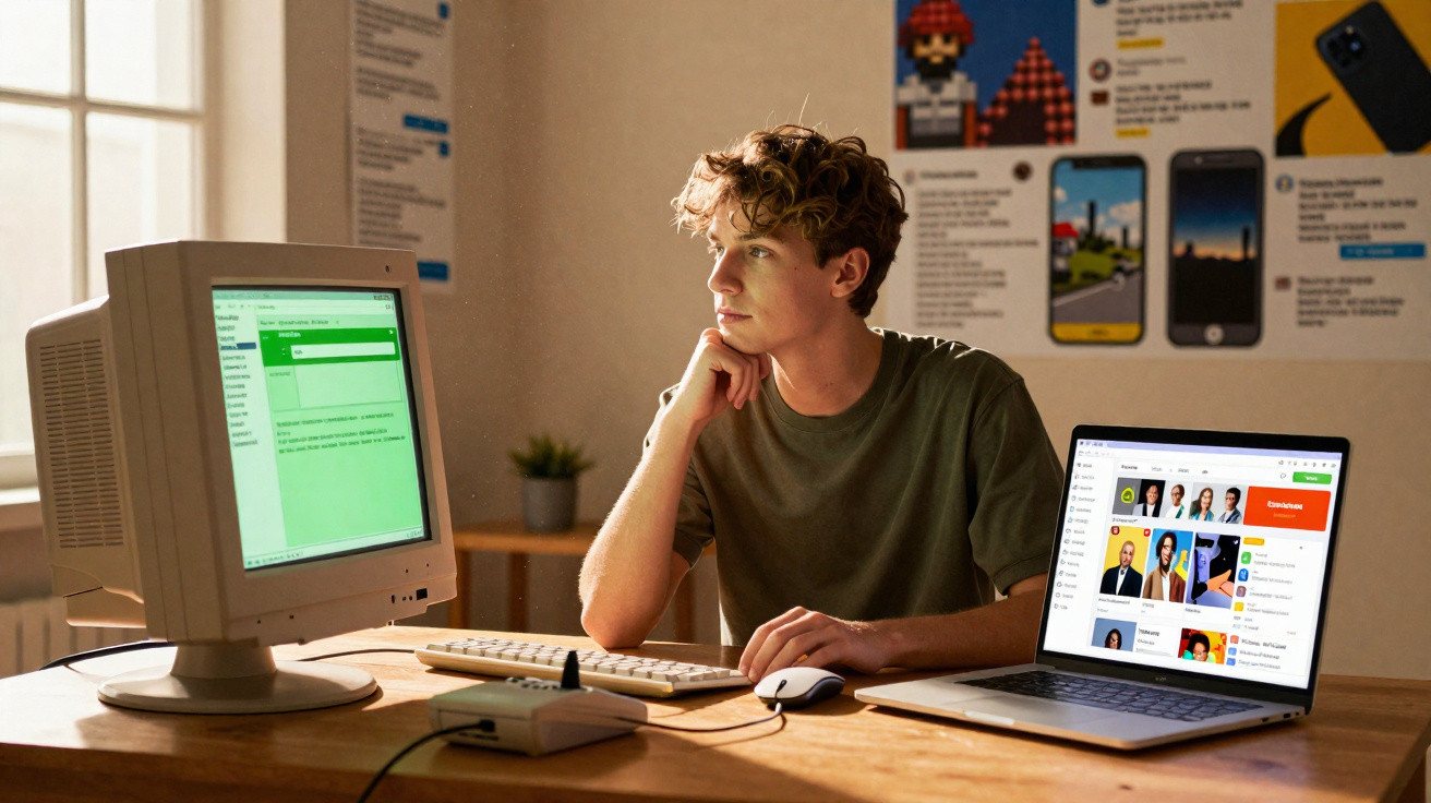 Young man sitting at a desk with a vintage computer and a laptop, looking thoughtful in a sunlit room.