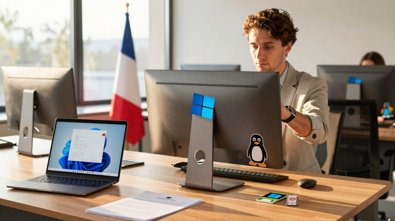 Man working at a desk with multiple computer screens, a Linux penguin sticker, and a French flag in the background.