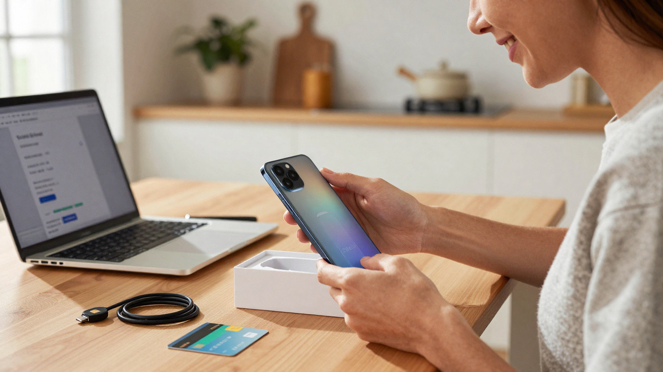 Person holding a new smartphone above its box on a wooden table with laptop, charging cable, and credit card nearby.