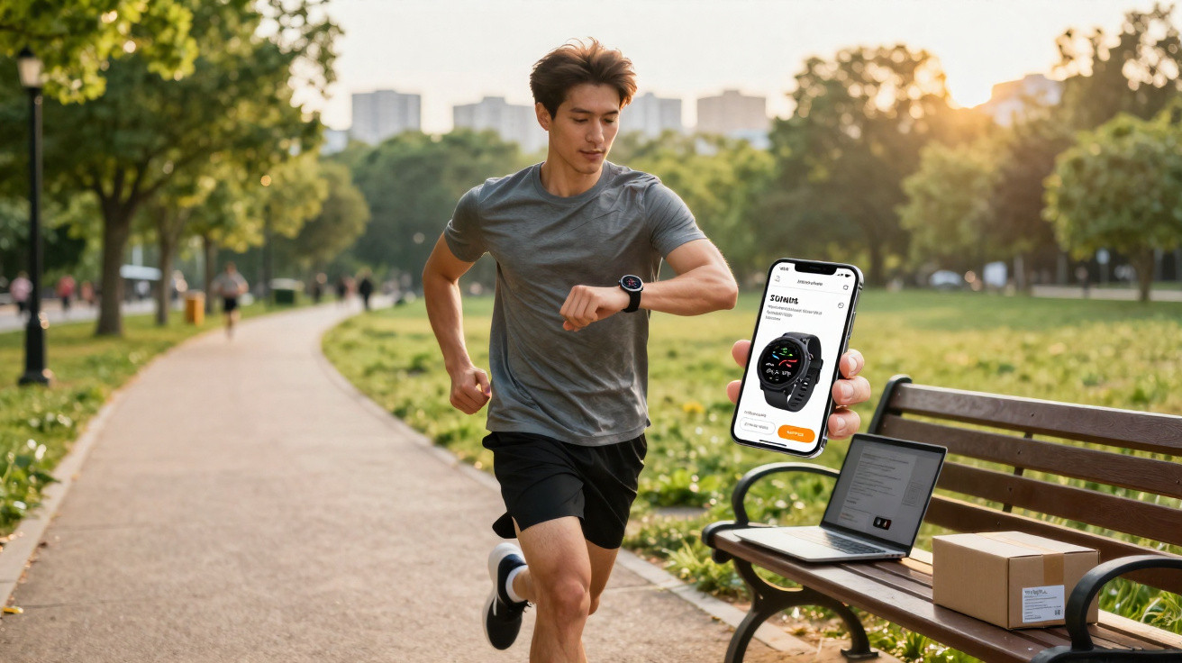 Young man jogging in park while checking smartwatch and phone displaying fitness app near bench with laptop and parcel.