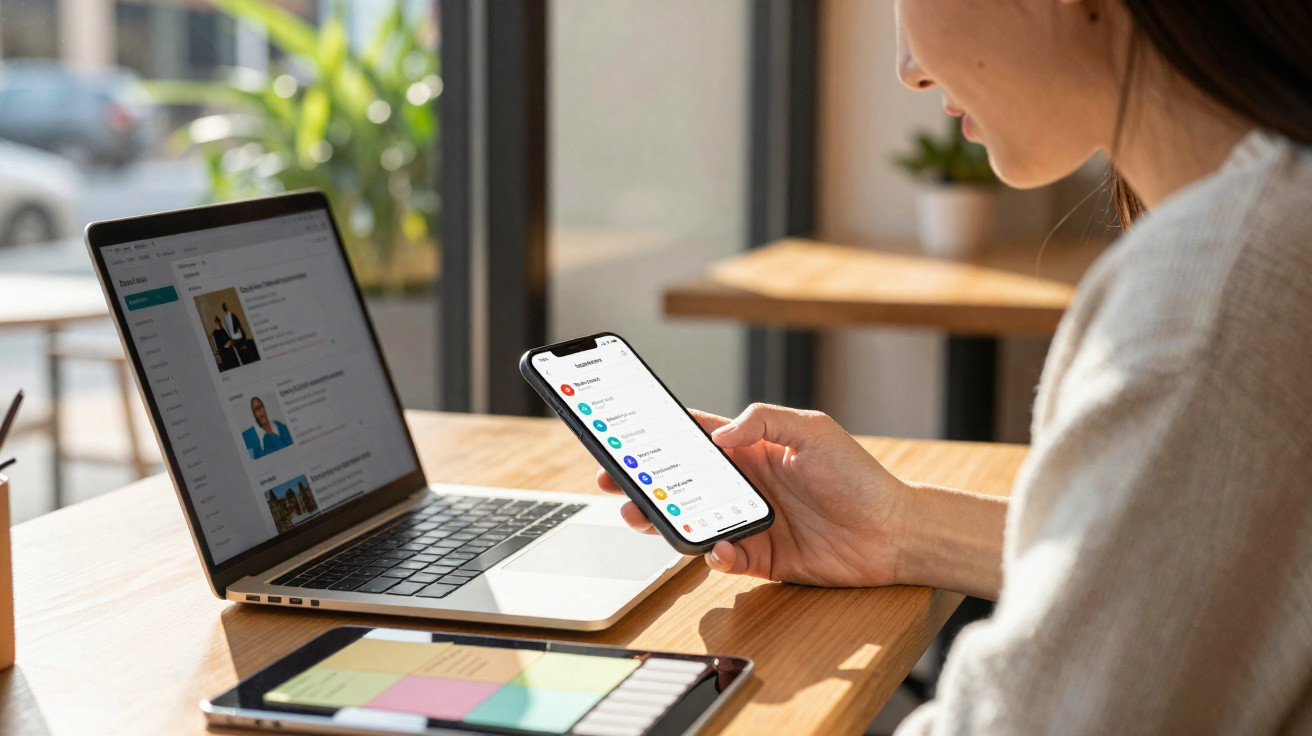 Person using smartphone and laptop at wooden table in a bright room with large window.