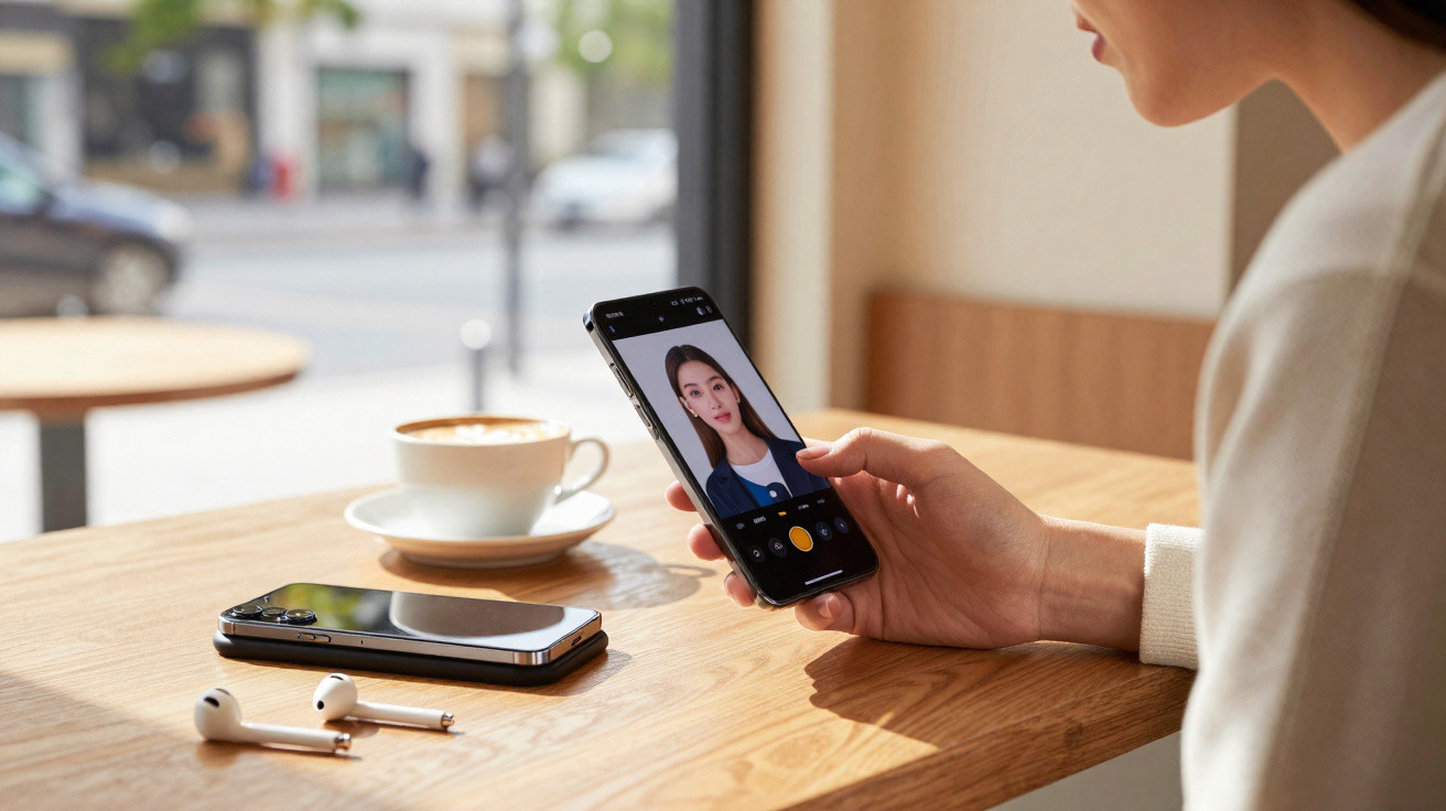 Person holding a smartphone taking a selfie at a wooden table with a coffee cup and earbuds nearby.