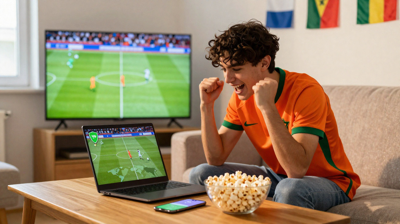 Young man in orange jersey cheering while watching football match on laptop in living room with popcorn bowl.