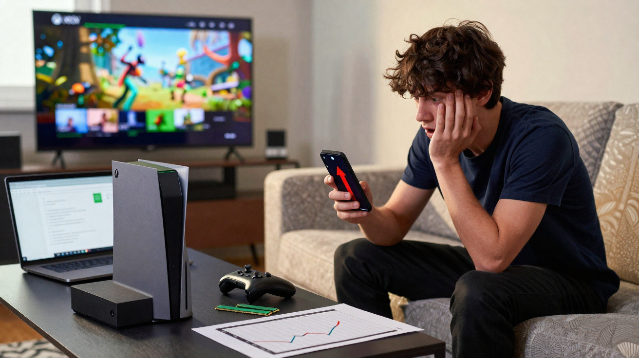 Young man sitting on a sofa looking at phone with PlayStation 5 and gaming setup on the table.