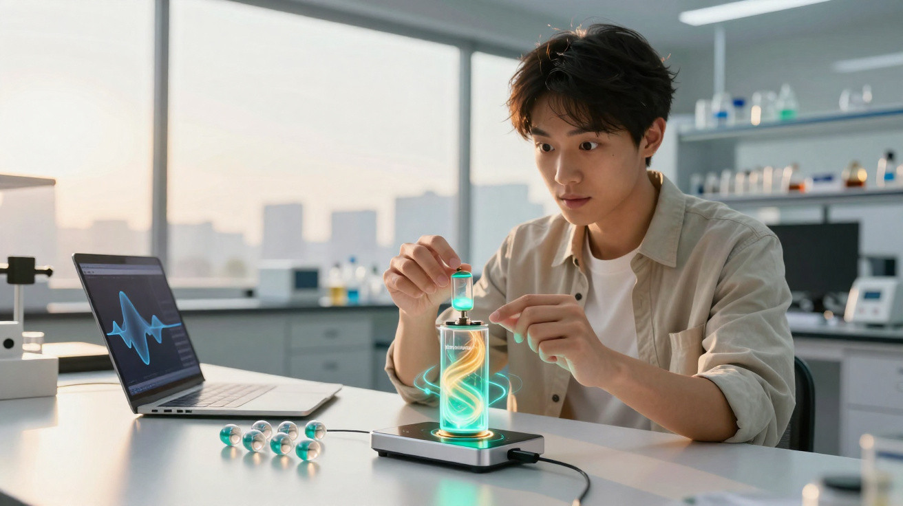 Young scientist examining glowing DNA model in futuristic laboratory with laptop and molecular structures.