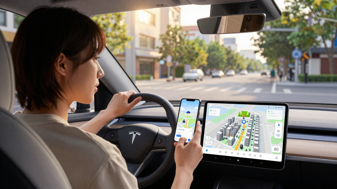 Person driving a Tesla holding a smartphone with navigation, with a large digital map display on the dashboard.