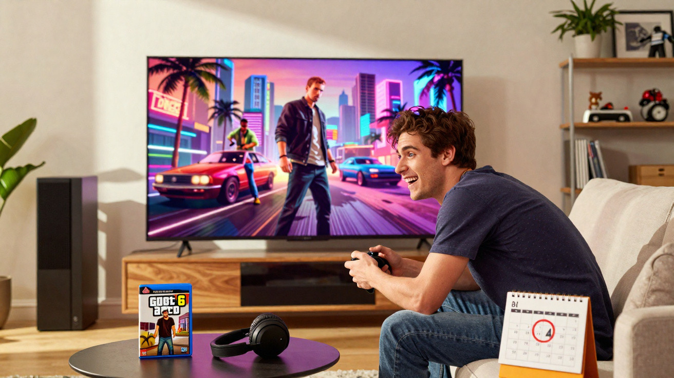Young man playing a racing video game on TV in a living room, with game case and headphones on the table.