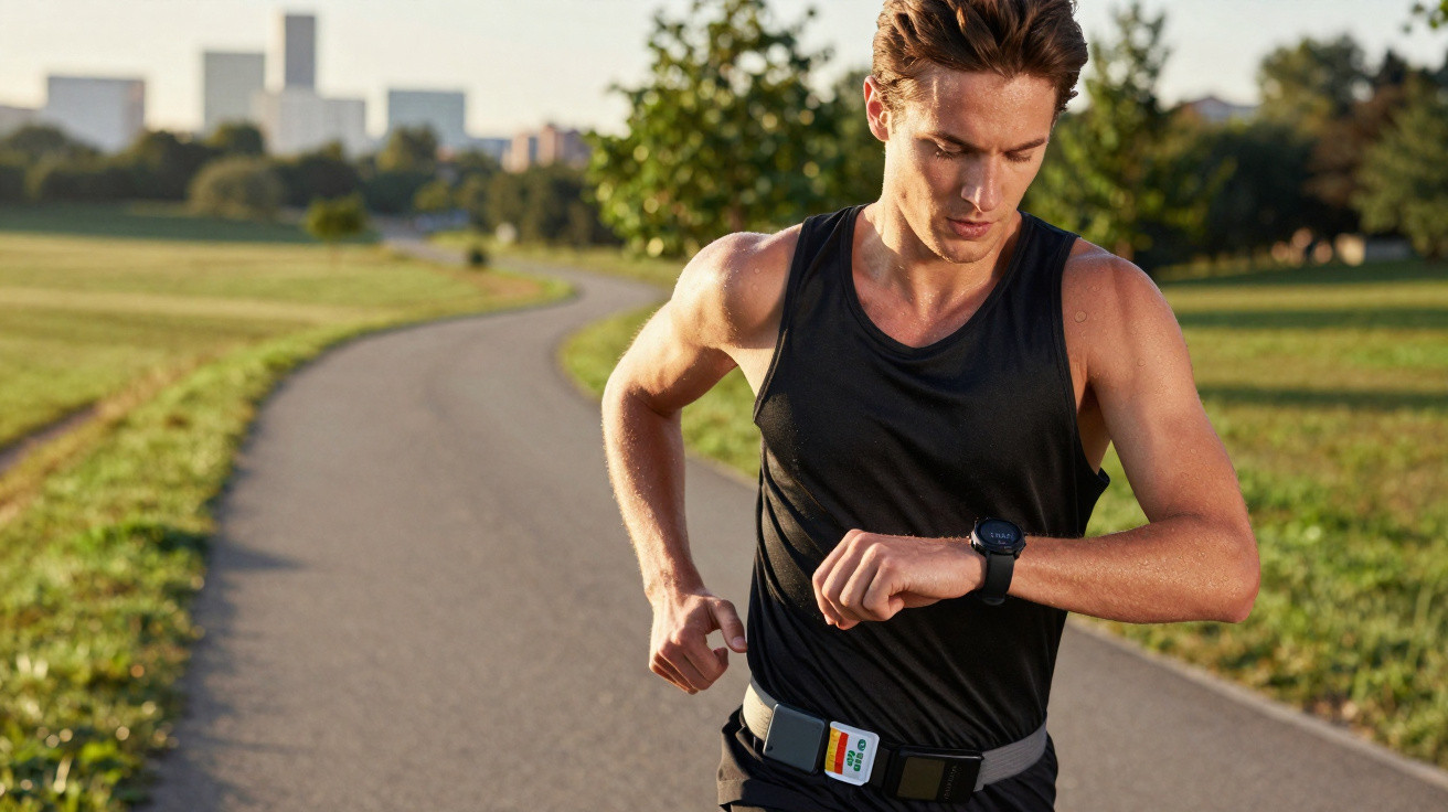 Man running on a park path wearing a fitness watch and a heart rate monitor belt, checking his watch.