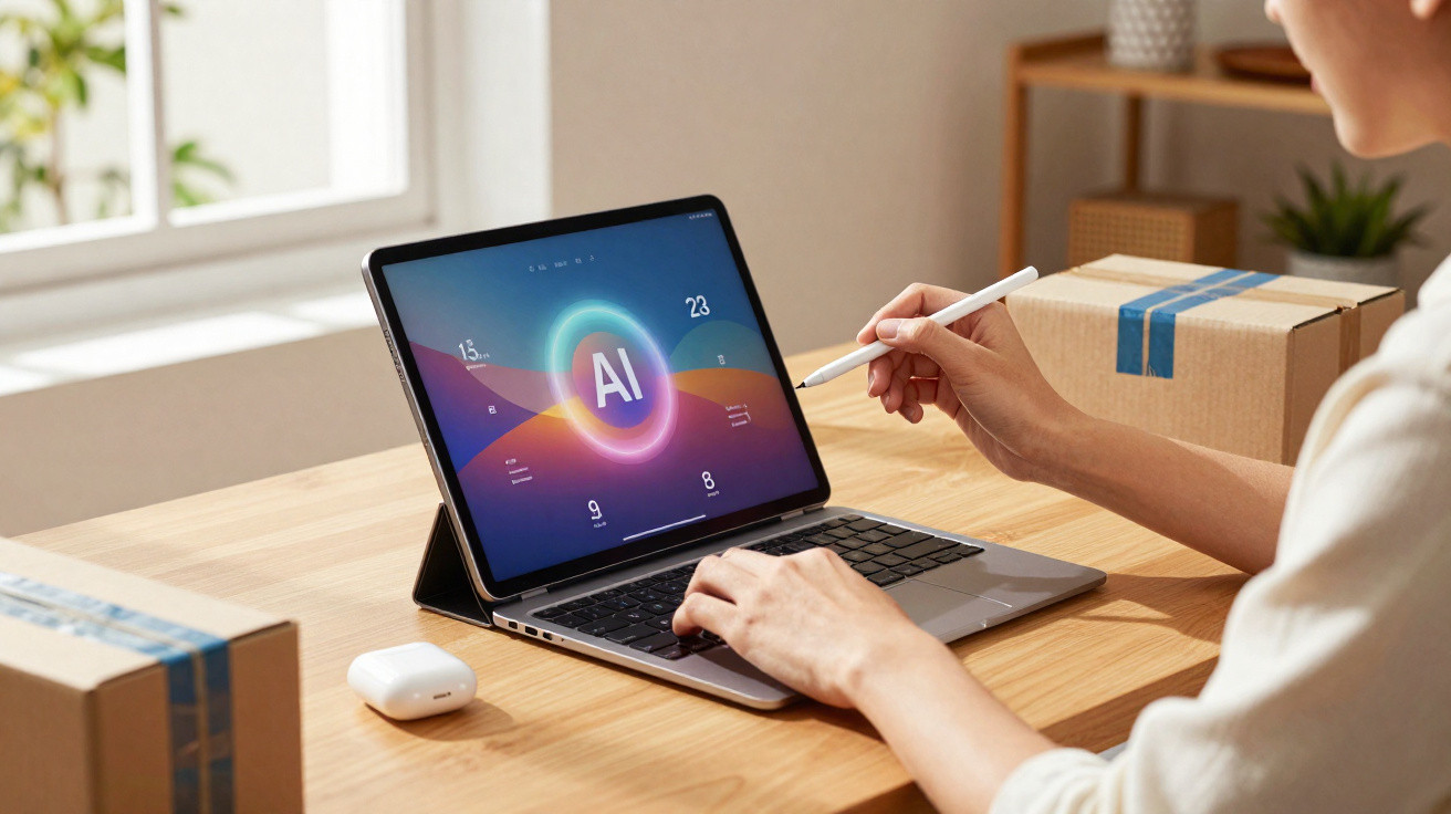 Person using stylus with AI interface on tablet attached to keyboard on wooden desk with parcels.