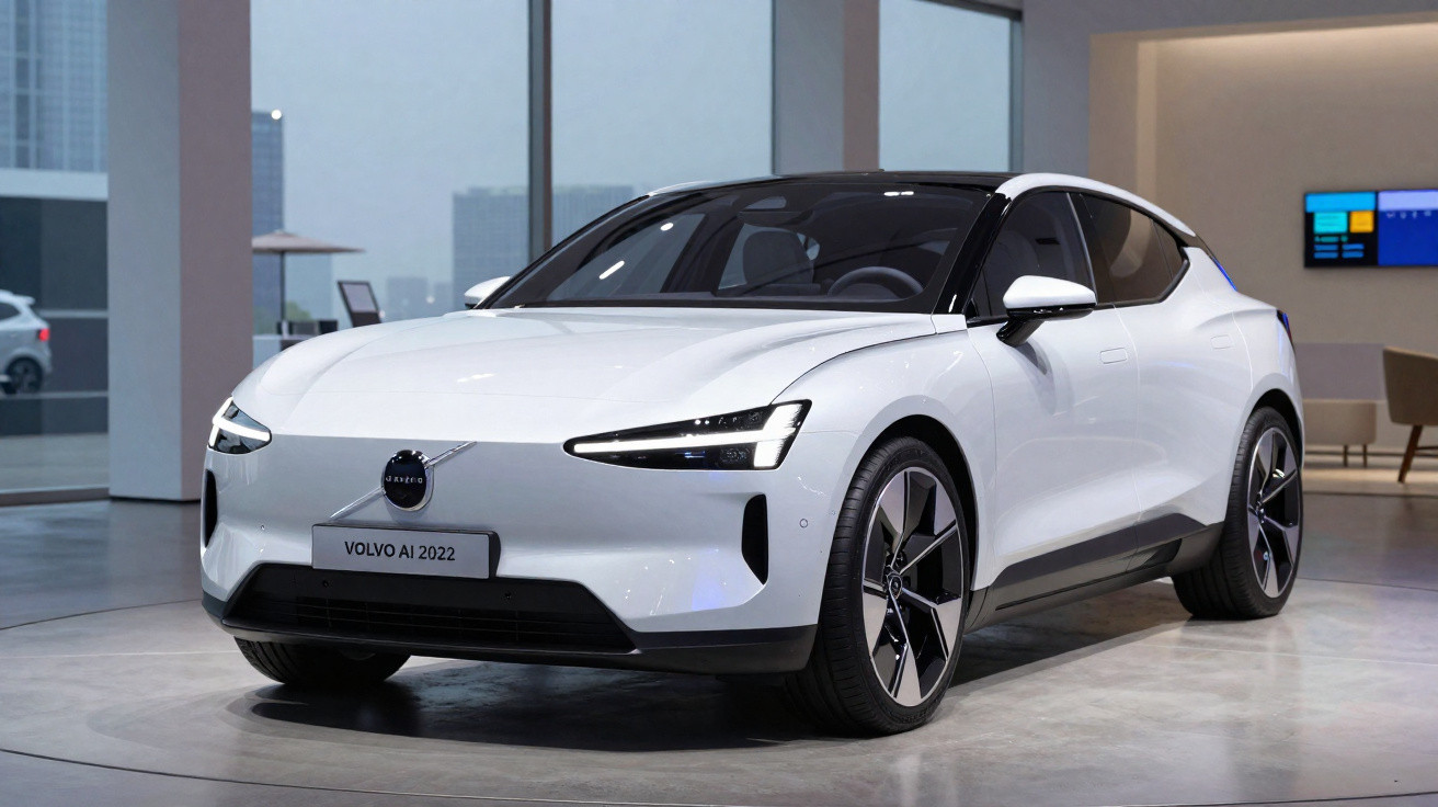 White Volvo AI 2022 electric car displayed in a modern showroom with sleek design and black accents.