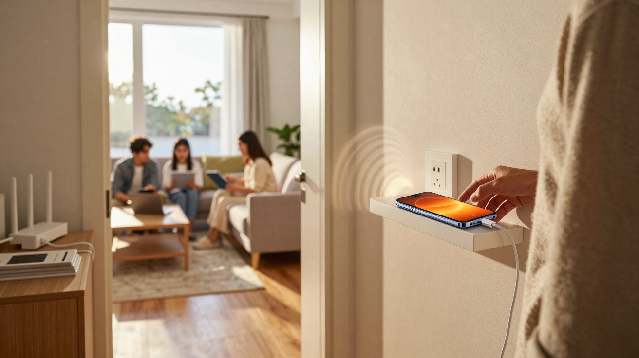 Person placing a smartphone on a wireless charger mounted on a wall shelf in a living room with three people sitting in the b