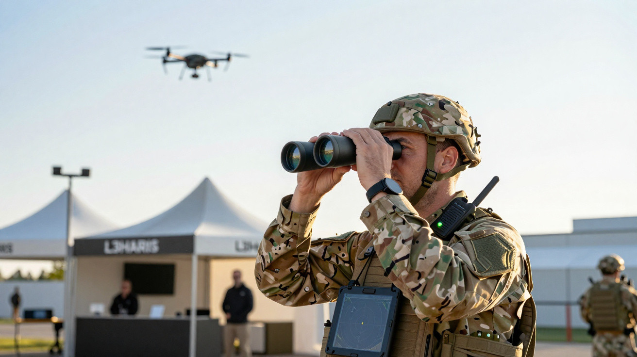 Soldier in camouflage using binoculars with a drone flying and tents in the background.