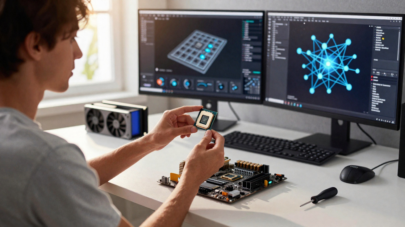 Person holding a computer processor chip near a motherboard with dual monitors displaying digital network graphics.