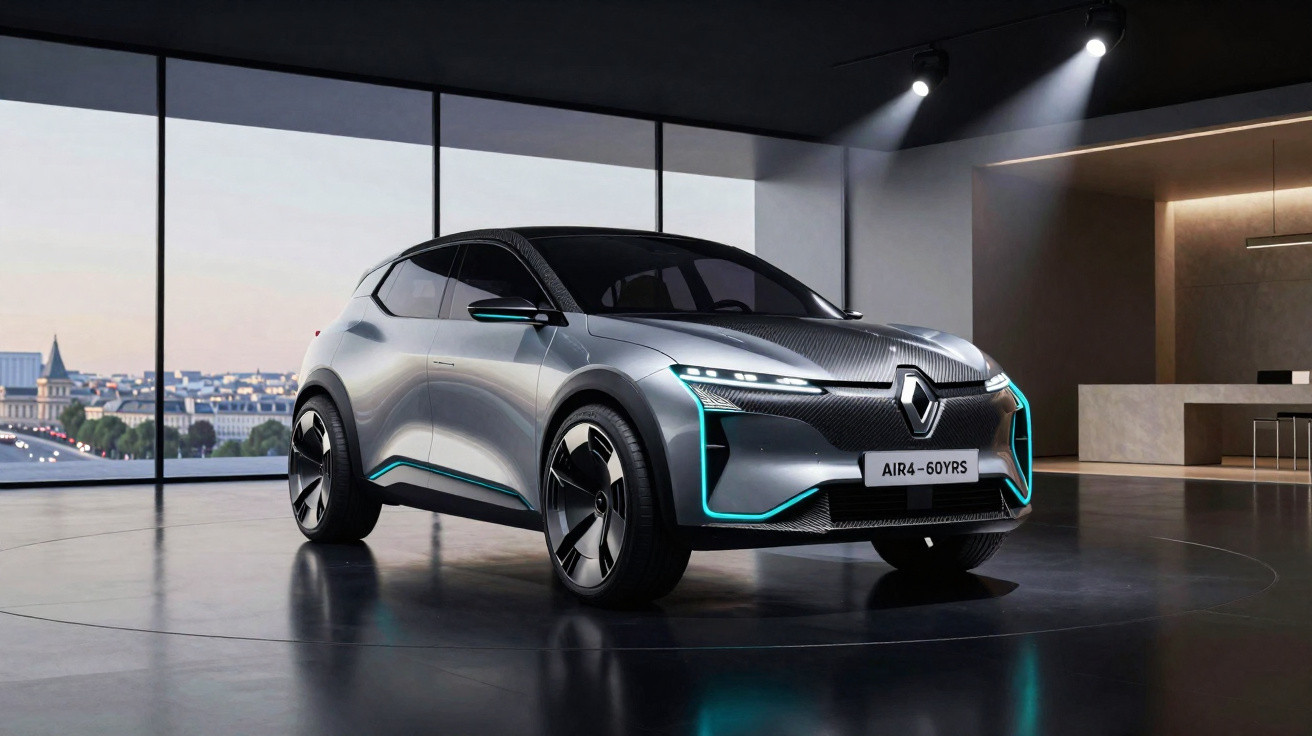 Silver Renault electric car with illuminated blue accents displayed indoors against city skyline backdrop
