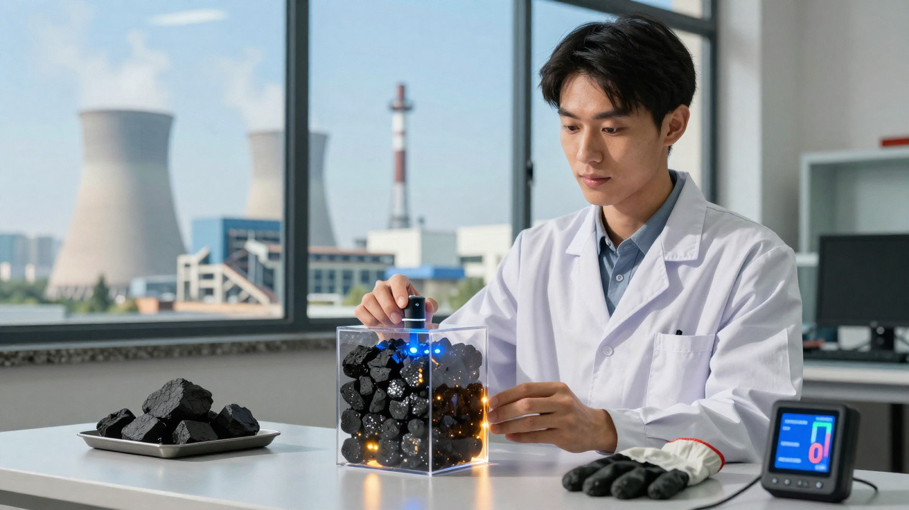 Scientist examining coal samples in a lab with an industrial plant visible through the window.