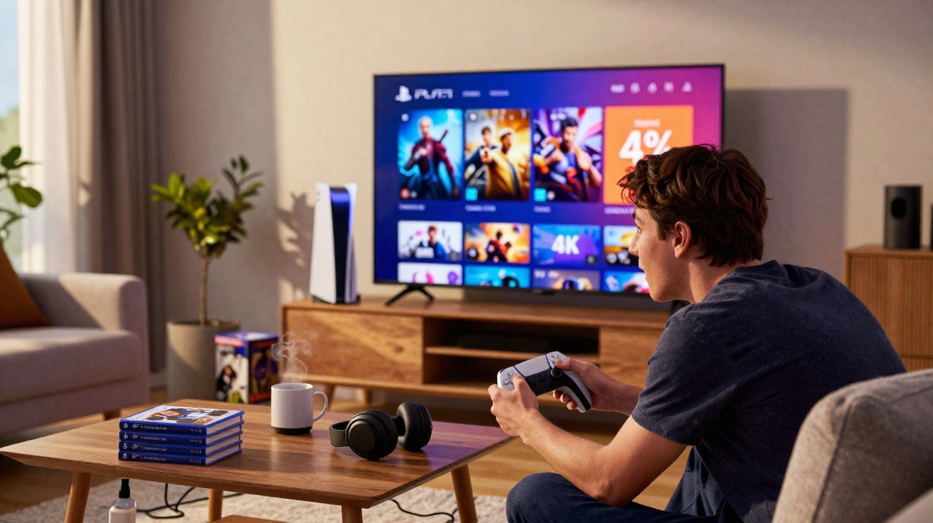 Young man playing video games on a PlayStation 5 in a cosy living room with a coffee and headphones nearby.