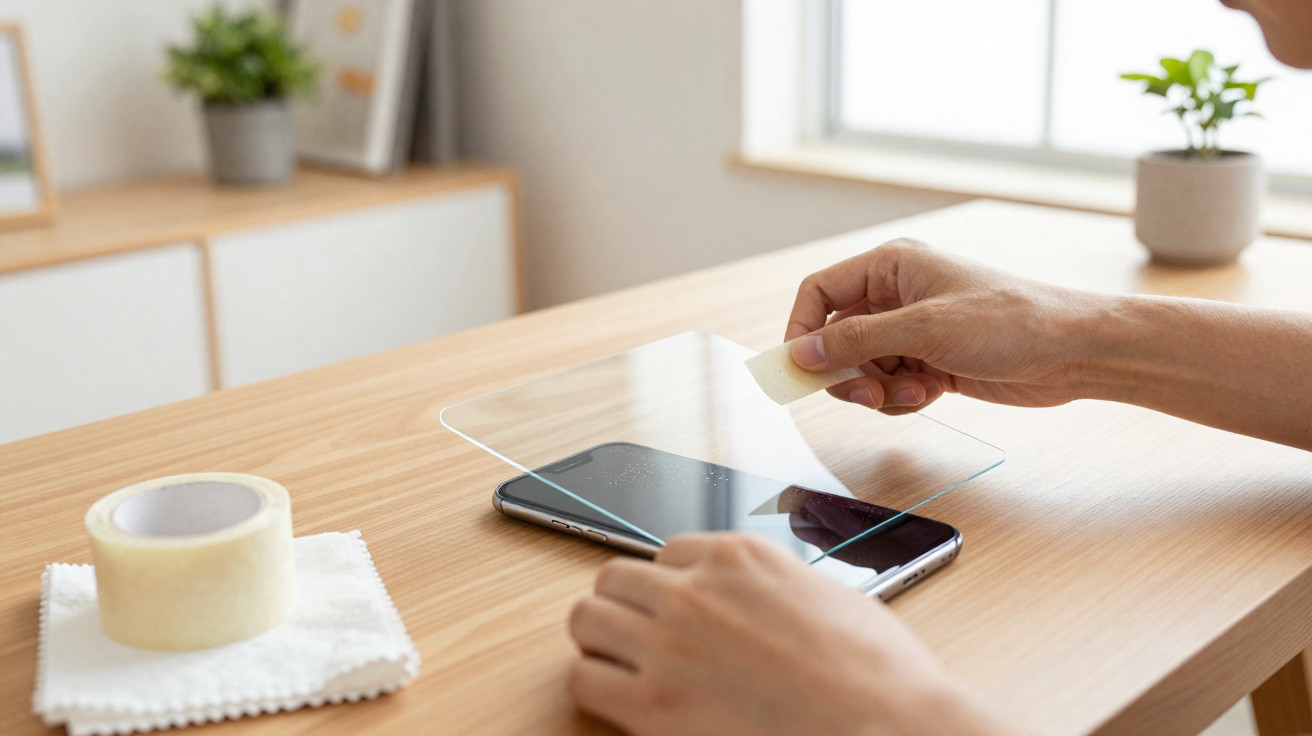 Hands applying a transparent screen protector onto a smartphone on a wooden table near a window.