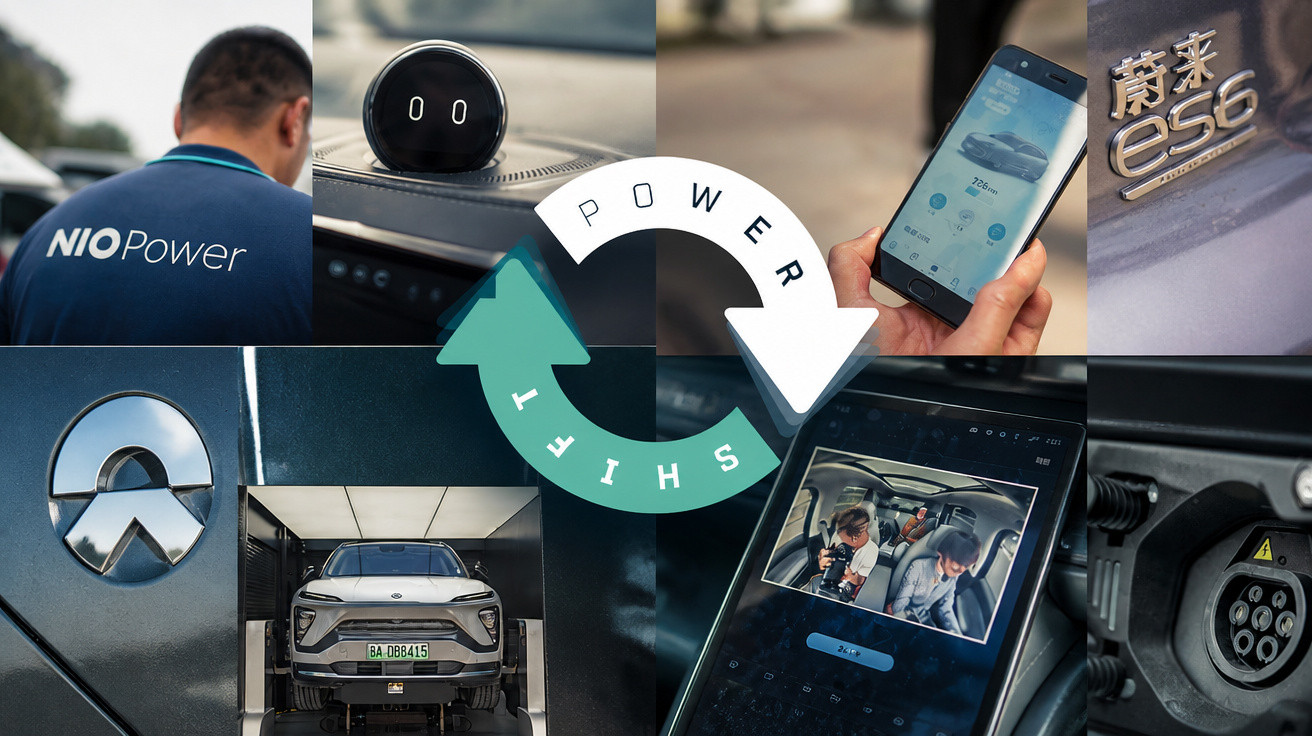 Collage showing NIO Power logo, electric vehicle charging, car emblem, app interface, and power shift symbol.