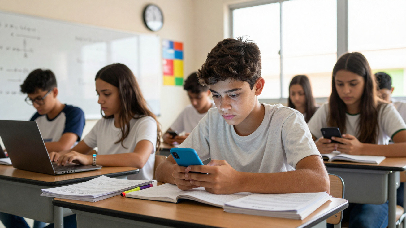 Students sitting at classroom desks using smartphones and a laptop during a lesson.