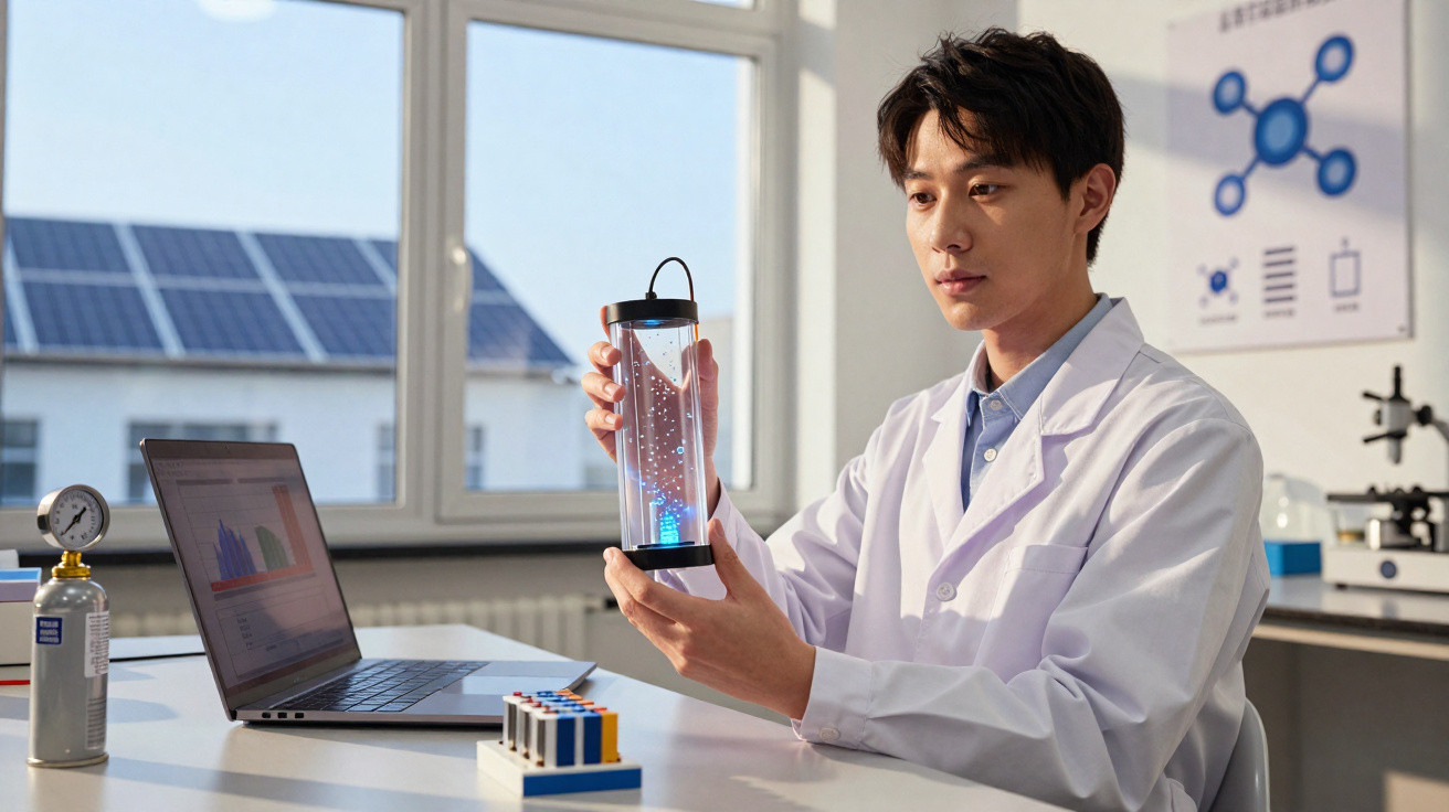 Young male scientist in lab coat examining a futuristic holographic display in a bright laboratory.