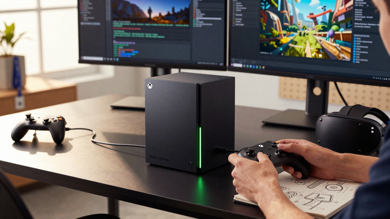 Person holding a game controller next to Xbox Series X console with dual monitors and VR headset on desk