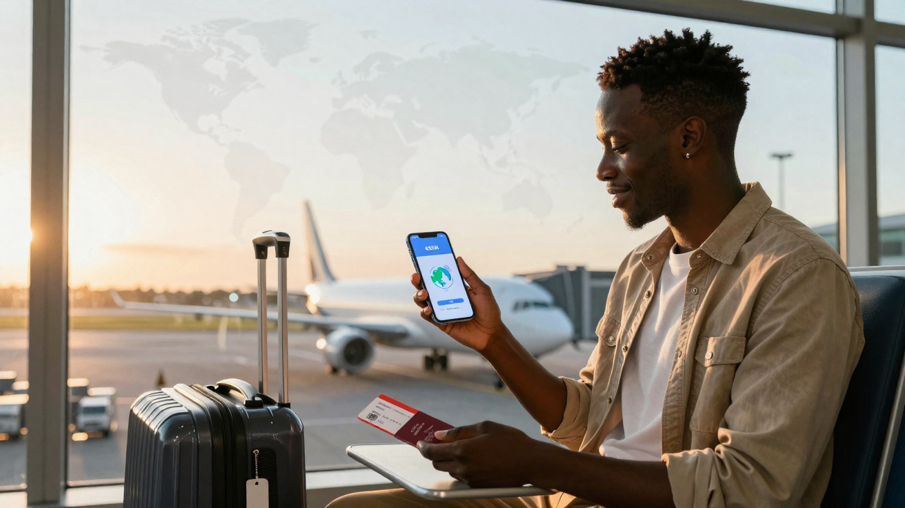 Man sitting at airport holding passport and phone with travel app, plane visible outside window at sunset