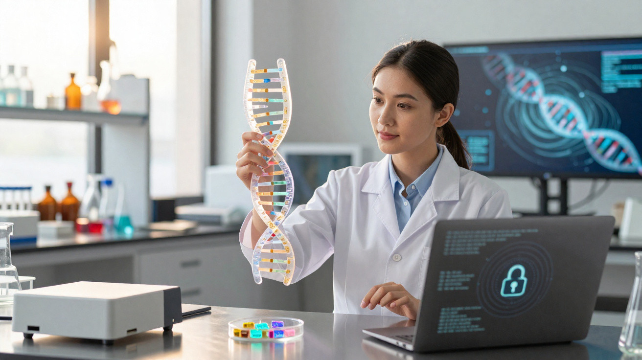 Scientist in white lab coat examining a DNA model with computers and lab equipment in the background.