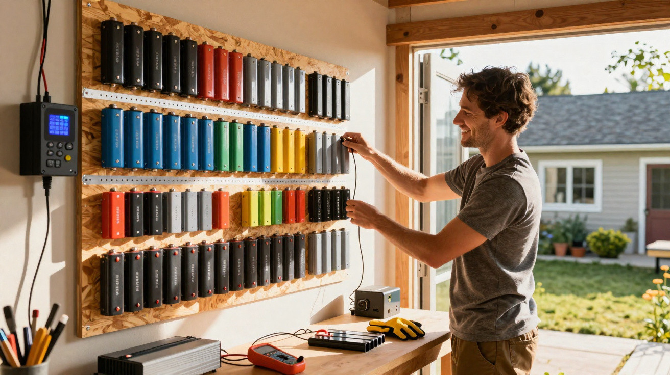 Man connecting cables to a wall-mounted battery bank in a bright workshop with open doors to a garden.