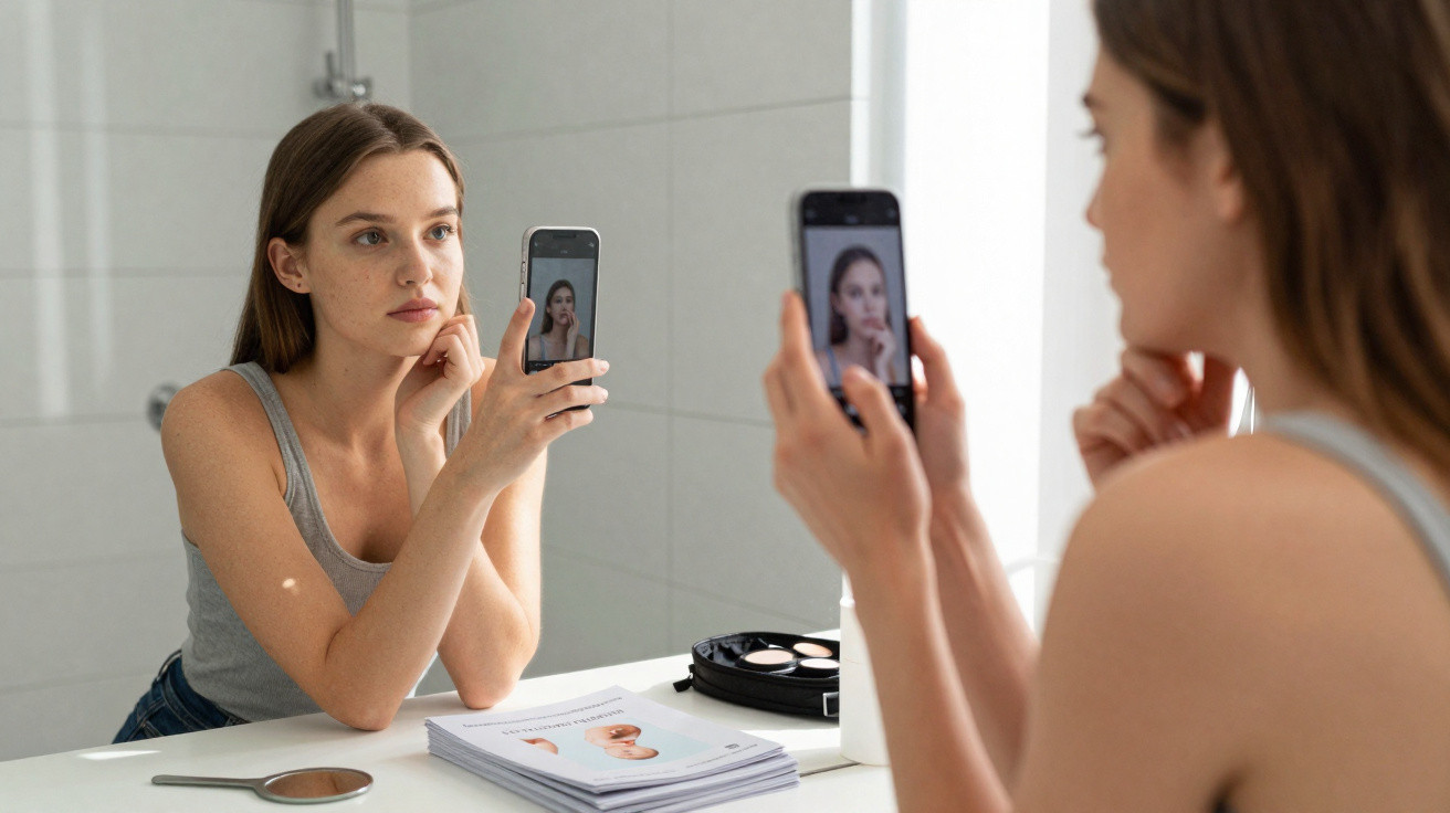 Young woman in grey vest using smartphone to take a photo of her reflection in a bathroom mirror.