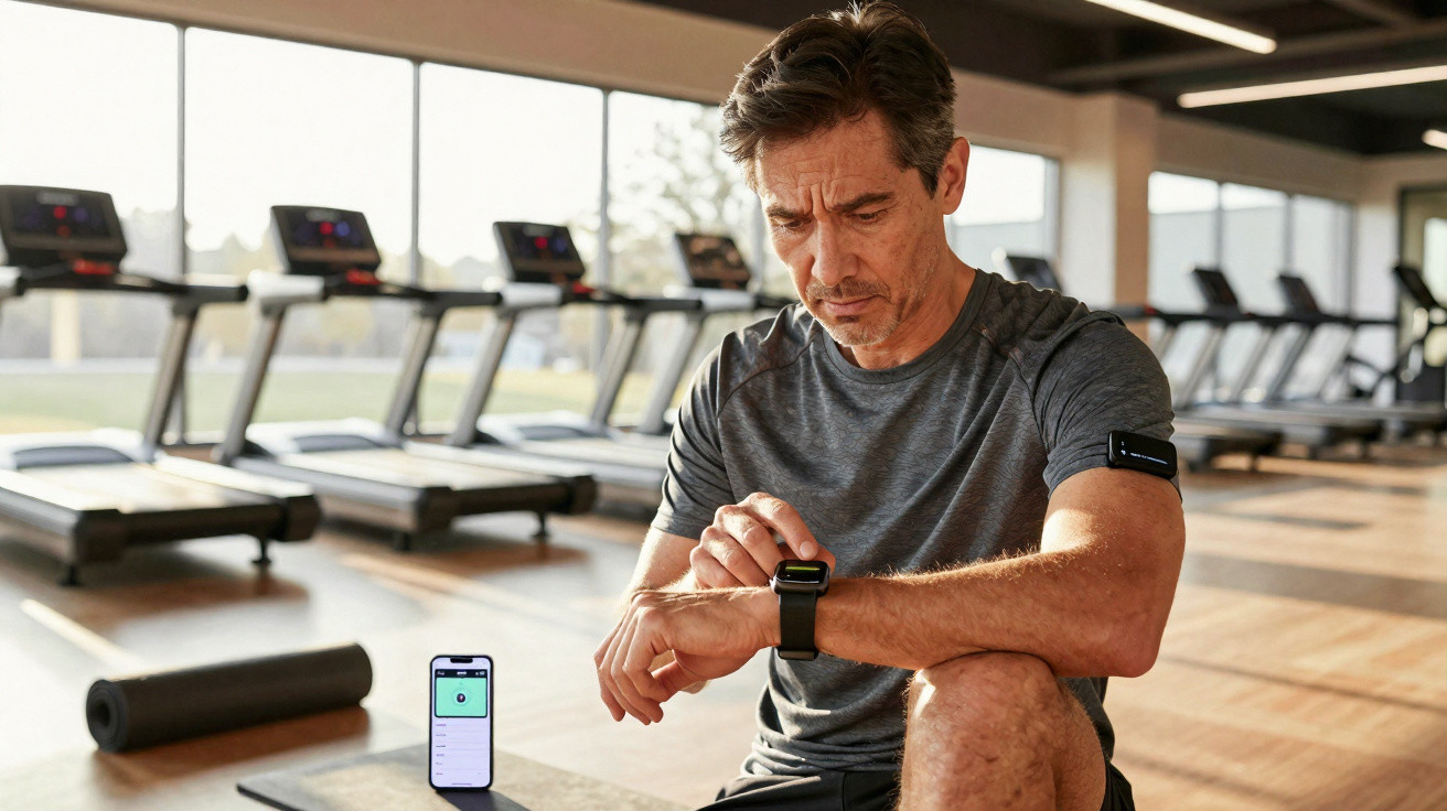 Man in gym gear checking smartwatch while sitting on floor near smartphone and treadmills in bright fitness studio