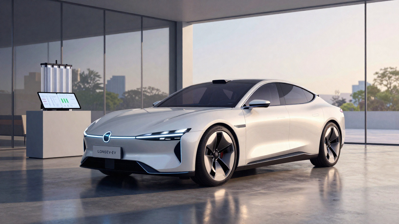 Sleek white electric sedan parked inside a modern showroom with large windows and cityscape view.