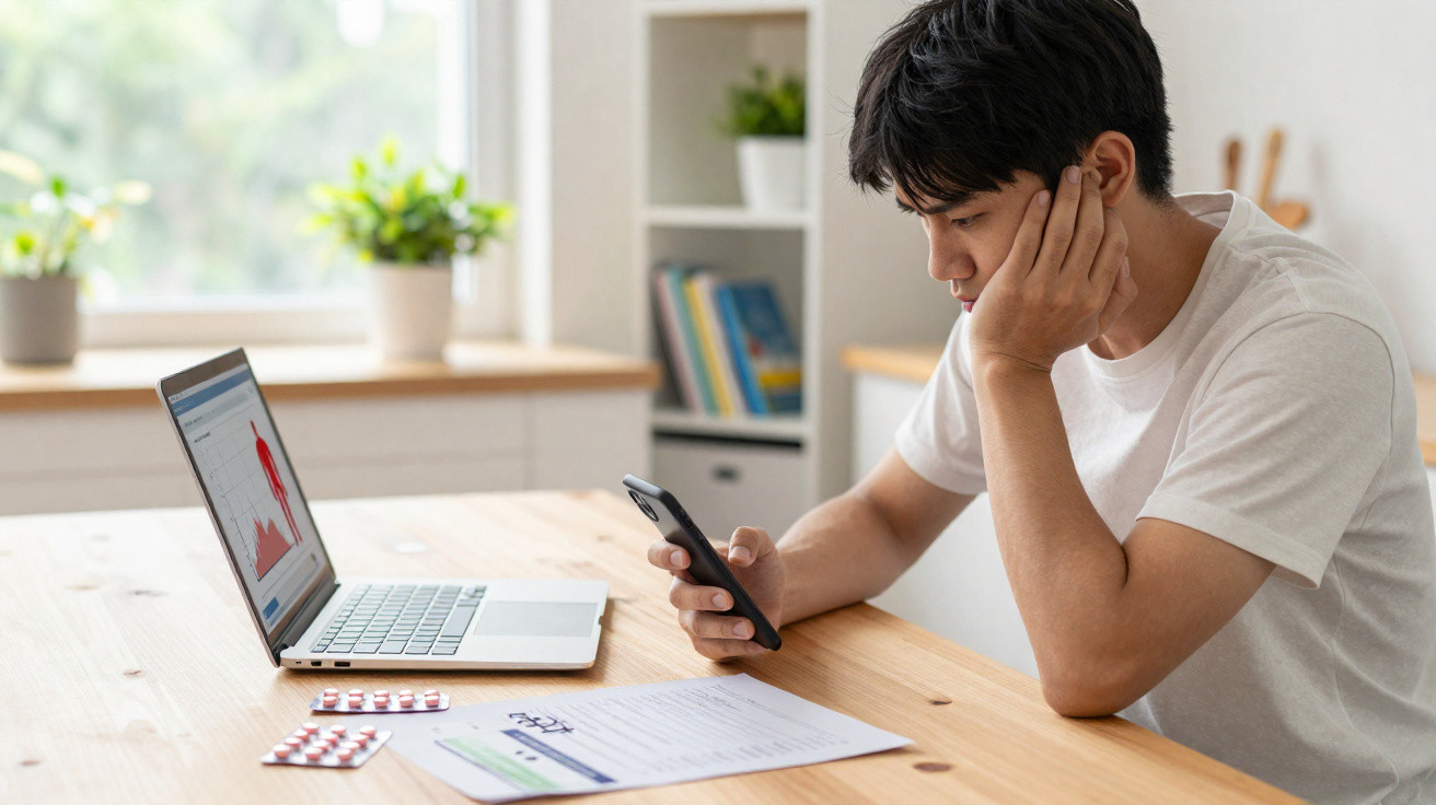 Young man in white t-shirt checking phone with laptop and medical documents on wooden table indoors.